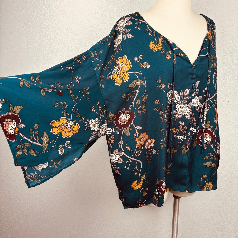 Maurices Floral Bell Sleeve Blouse Teal Tie Neck Button Front Women's‎ 2 - Picture 4 of 13
